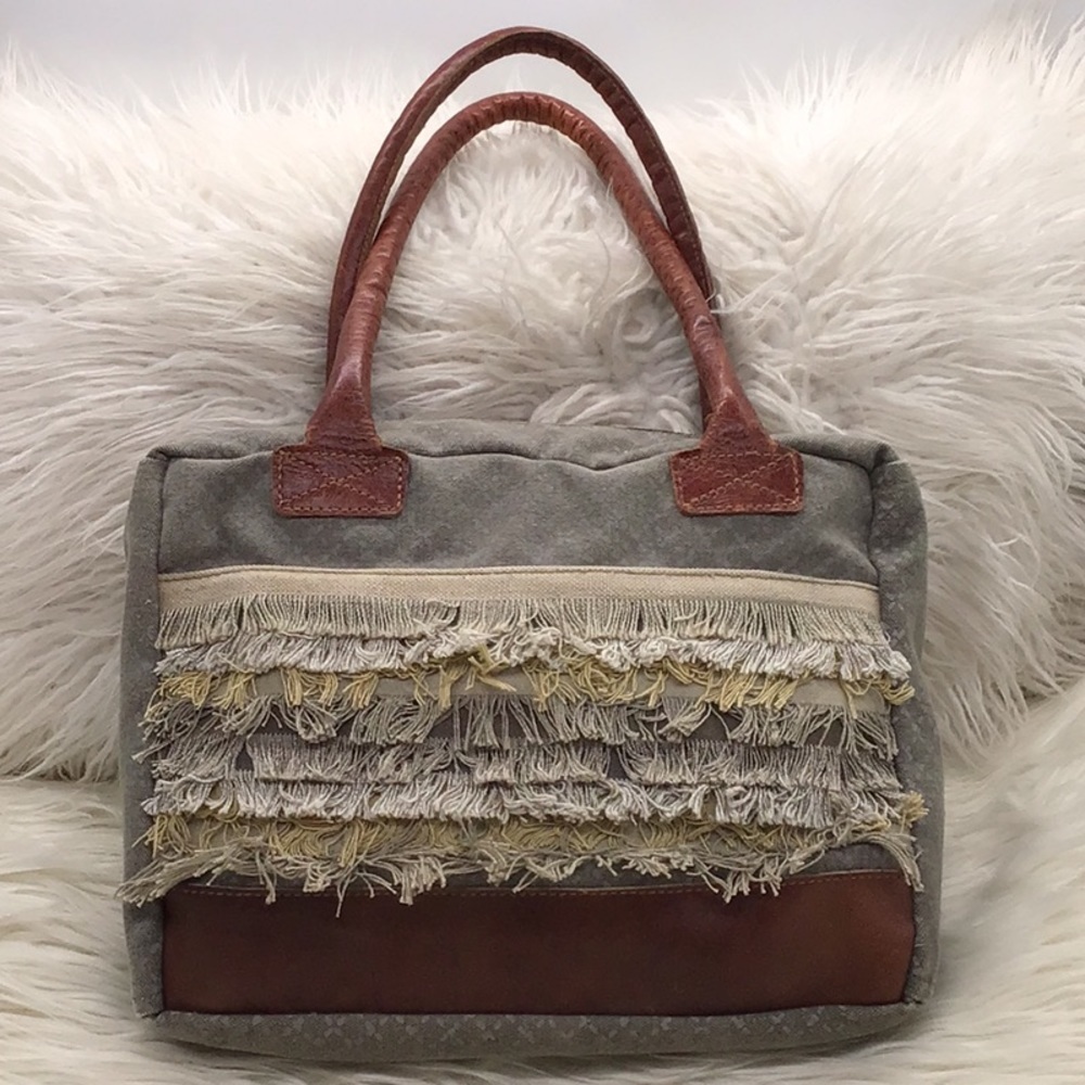 Mona B Upcycle Taupe Canvas Fringe Shoulder Bag